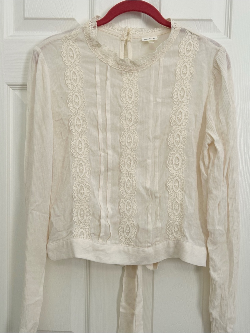 Self E Cream Lace-Trim Long Sleeve Blouse | Size Small